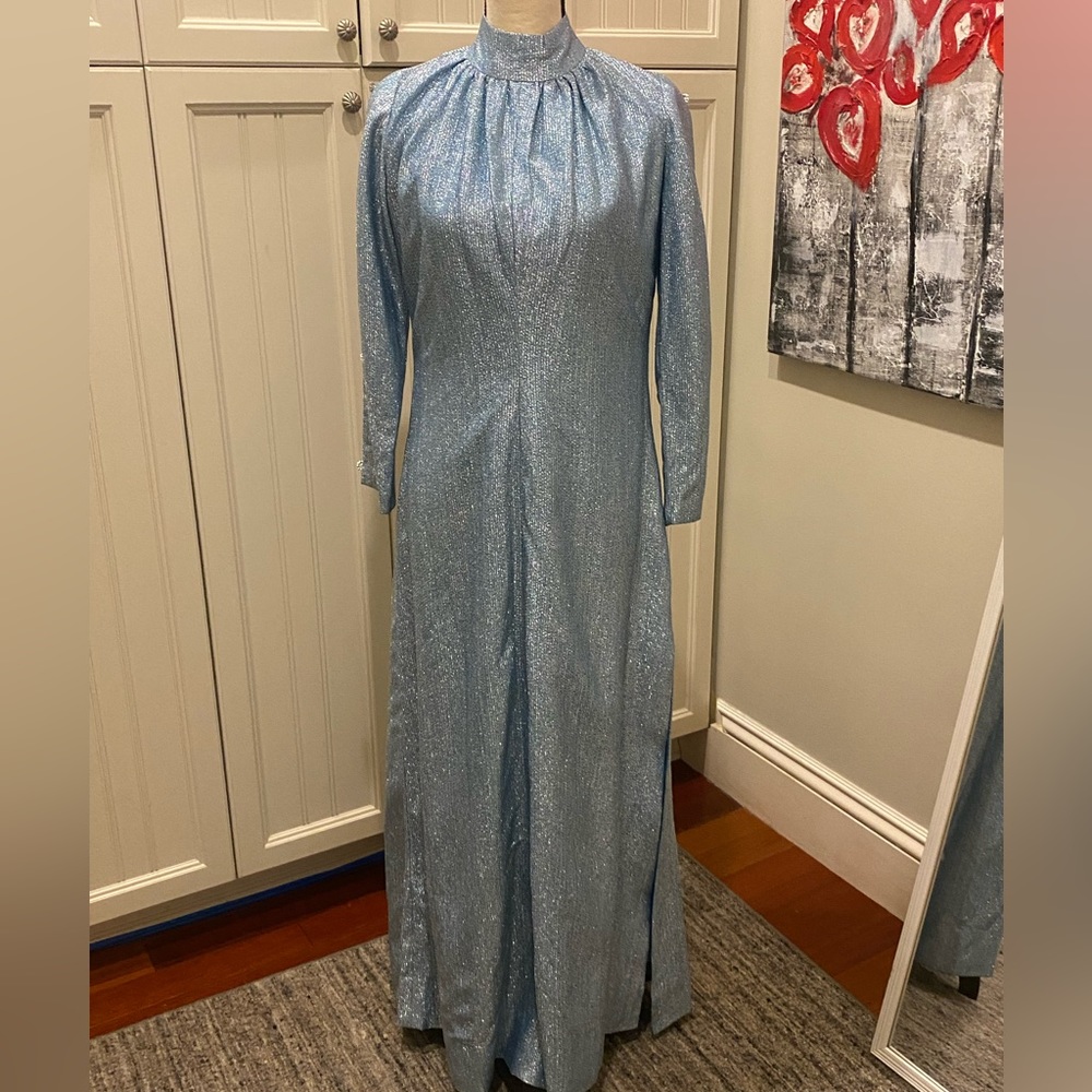 Vintage 70s blue and silver maxi dress kaftan evening gown Frozen Elsa Dress!